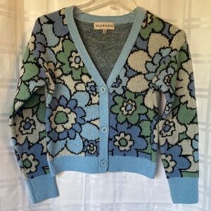 Willow & Wind Blue Retro Flower Crop Button Cardigan Sweater XS